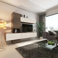 Garnero Arredamenti Parete Attrezzata Sospesa|Pareti Attrezzate-Parete attrezzata 240x196h cm moderna noce bianco spatolato Marlie