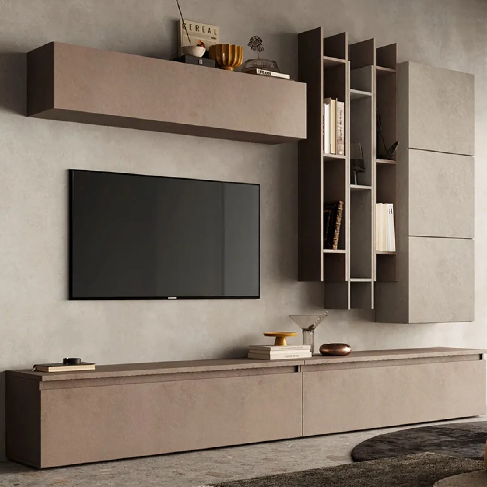 Garnero Arredamenti Parete Attrezzata A Terra|Pareti Attrezzate-Parete attrezzata 276x210h cm moderna soggiorno marrone tortora Sunset 20