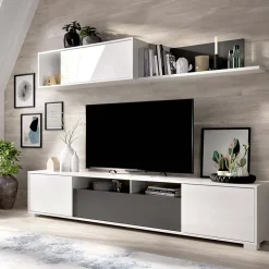 Garnero Arredamenti Parete Attrezzata A Terra|Pareti Attrezzate-Parete attrezzata 200x140h cm moderna bianco lucido grafite Isador Bianco Lucido - Grafite