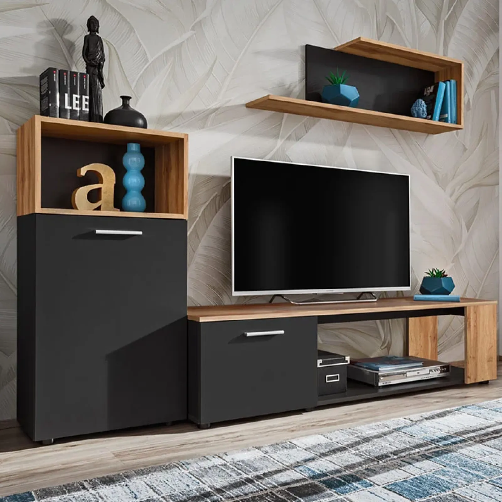 Garnero Arredamenti Parete Attrezzata A Terra|Pareti Attrezzate-Parete attrezzata 200x160h cm moderna nero opaco rovere Caravaggio Nero Opaco - Rovere Rustico