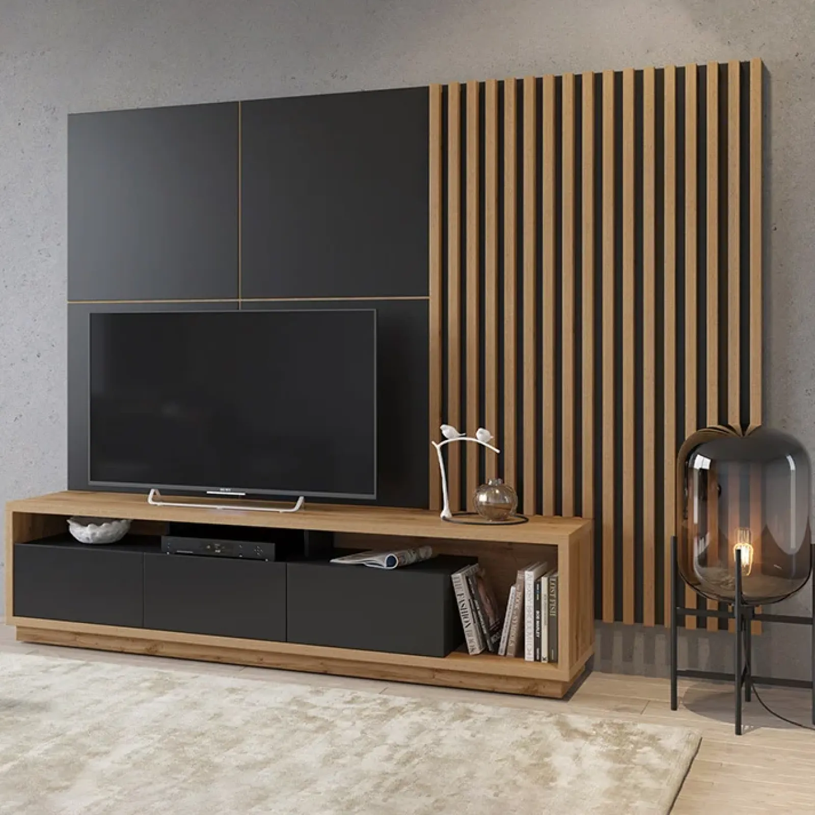 Garnero Arredamenti Parete Attrezzata A Terra|Pareti Attrezzate-Parete attrezzata 251x196h cm moderna rovere nero Favorita Rovere - Nero opaco