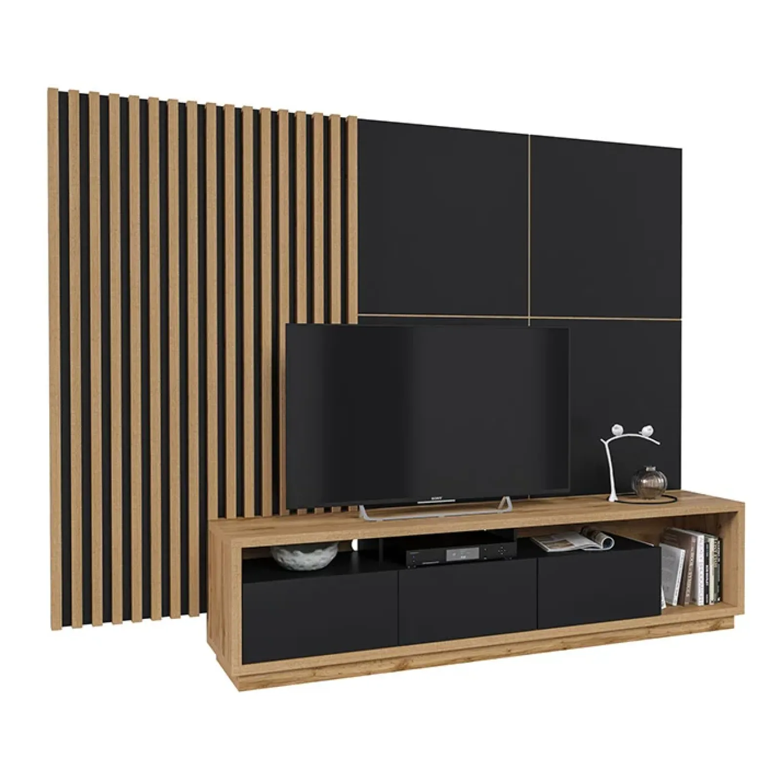 Garnero Arredamenti Parete Attrezzata A Terra|Pareti Attrezzate-Parete attrezzata 251x196h cm moderna rovere nero Favorita Rovere - Nero opaco