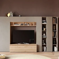 Garnero Arredamenti Parete Attrezzata A Terra|Pareti Attrezzate-Parete attrezzata 305x186h cm moderna tortora rovere chiaro Sunset 36 Rovere - Tortora