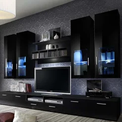 Garnero Arredamenti Parete Attrezzata A Terra|Pareti Attrezzate-Parete attrezzata 300x190h cm moderna Barrie Gihome® Nero Lucido