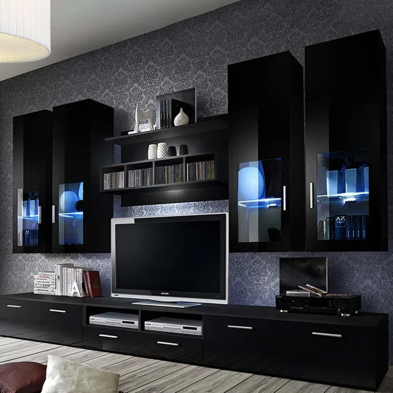 Garnero Arredamenti Parete Attrezzata A Terra|Pareti Attrezzate-Parete attrezzata 300x190h cm moderna Barrie Gihome® Nero Lucido