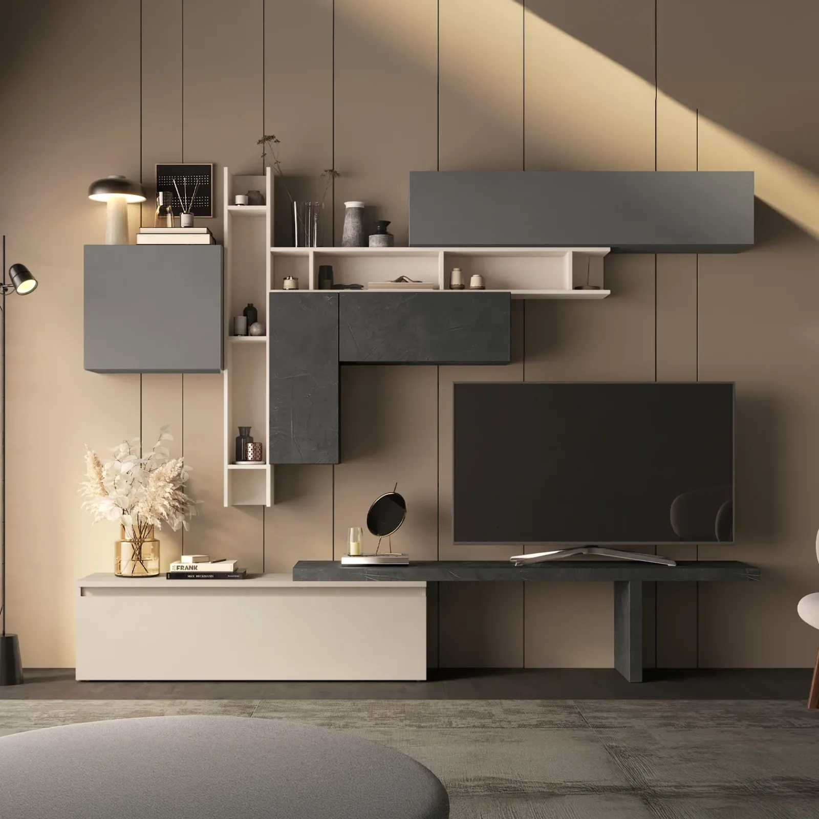 Garnero Arredamenti Parete Attrezzata A Terra|Pareti Attrezzate-Parete attrezzata 280x210h cm moderna beige grigio scuro antracite Sunset 86