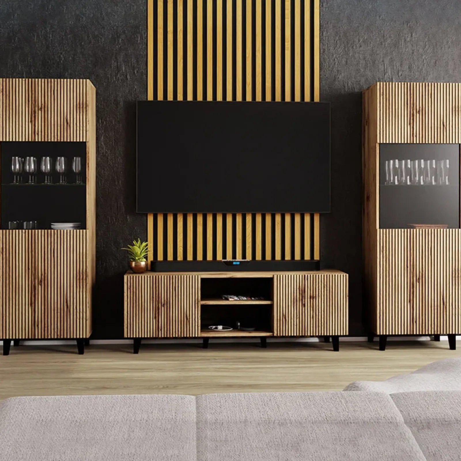 Garnero Arredamenti Parete Attrezzata A Terra|Pareti Attrezzate-Parete attrezzata 290x183h cm moderna cannettato quercia Essence