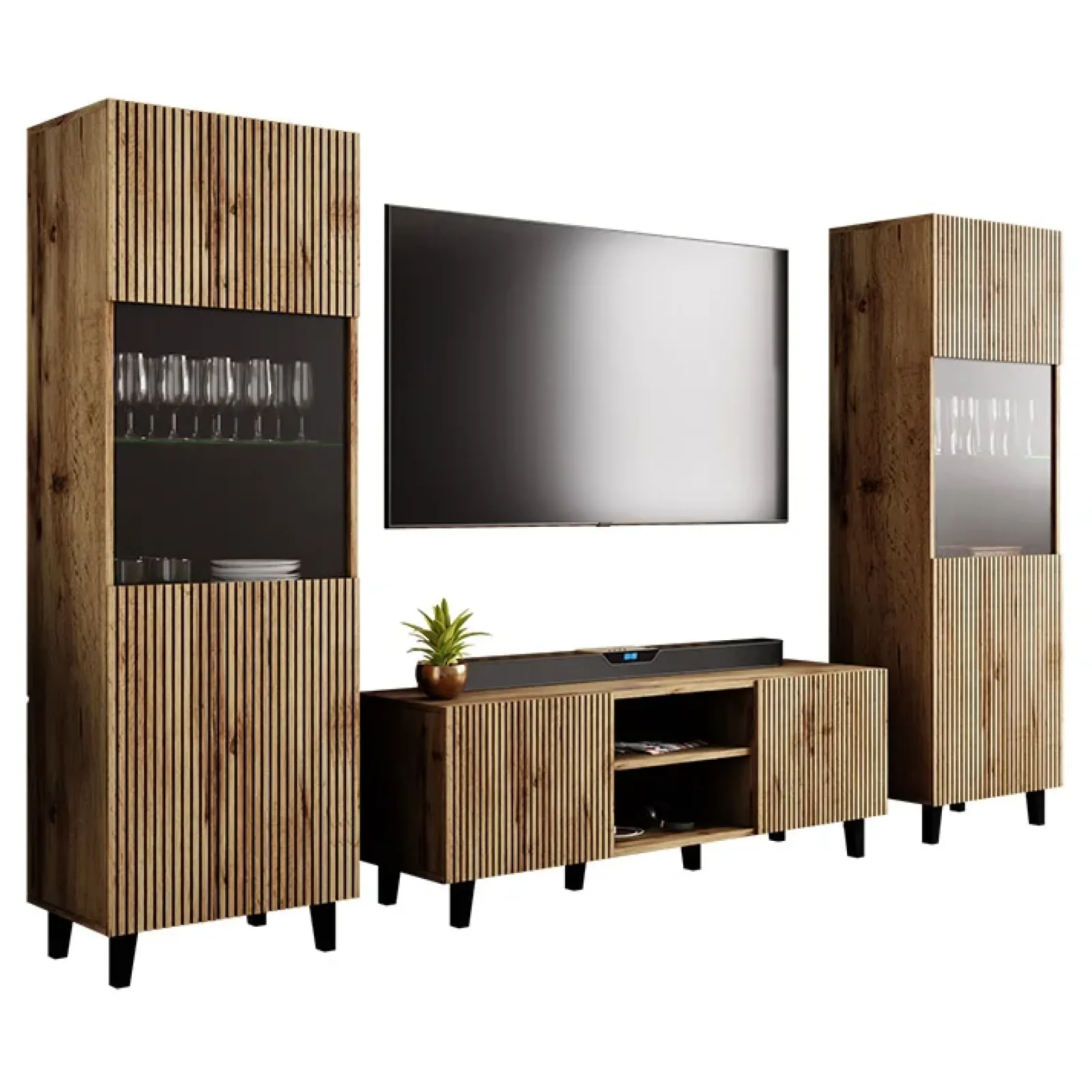 Garnero Arredamenti Parete Attrezzata A Terra|Pareti Attrezzate-Parete attrezzata 290x183h cm moderna cannettato quercia Essence