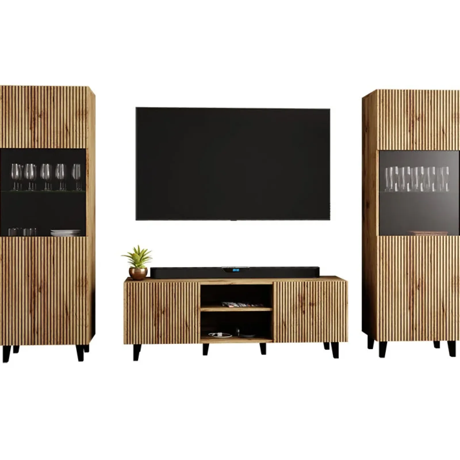 Garnero Arredamenti Parete Attrezzata A Terra|Pareti Attrezzate-Parete attrezzata 290x183h cm moderna cannettato quercia Essence