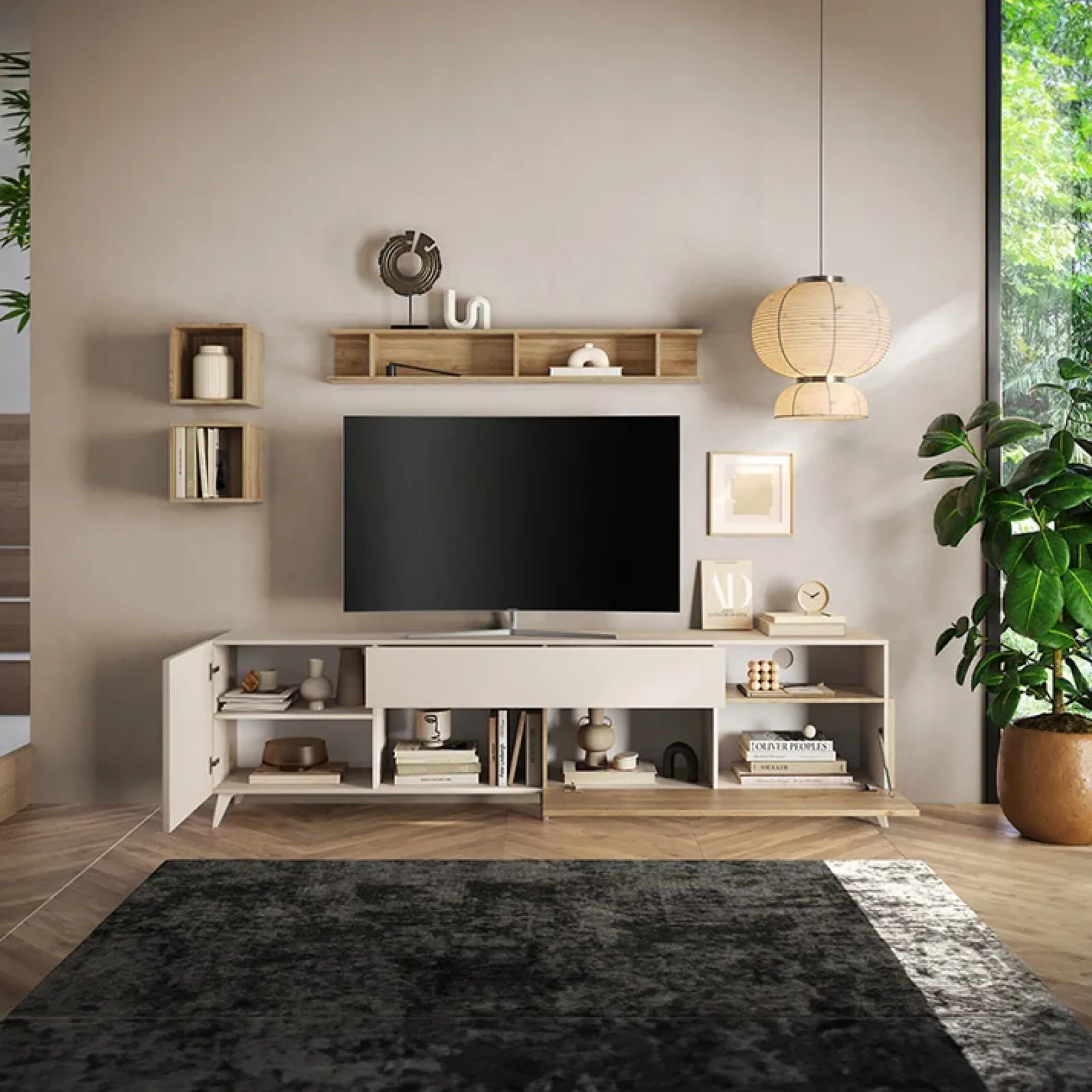 Garnero Arredamenti Parete Attrezzata A Terra|Pareti Attrezzate-Parete attrezzata 241x176h cm moderna beige rovere chiaro Witty Rovere - Beige