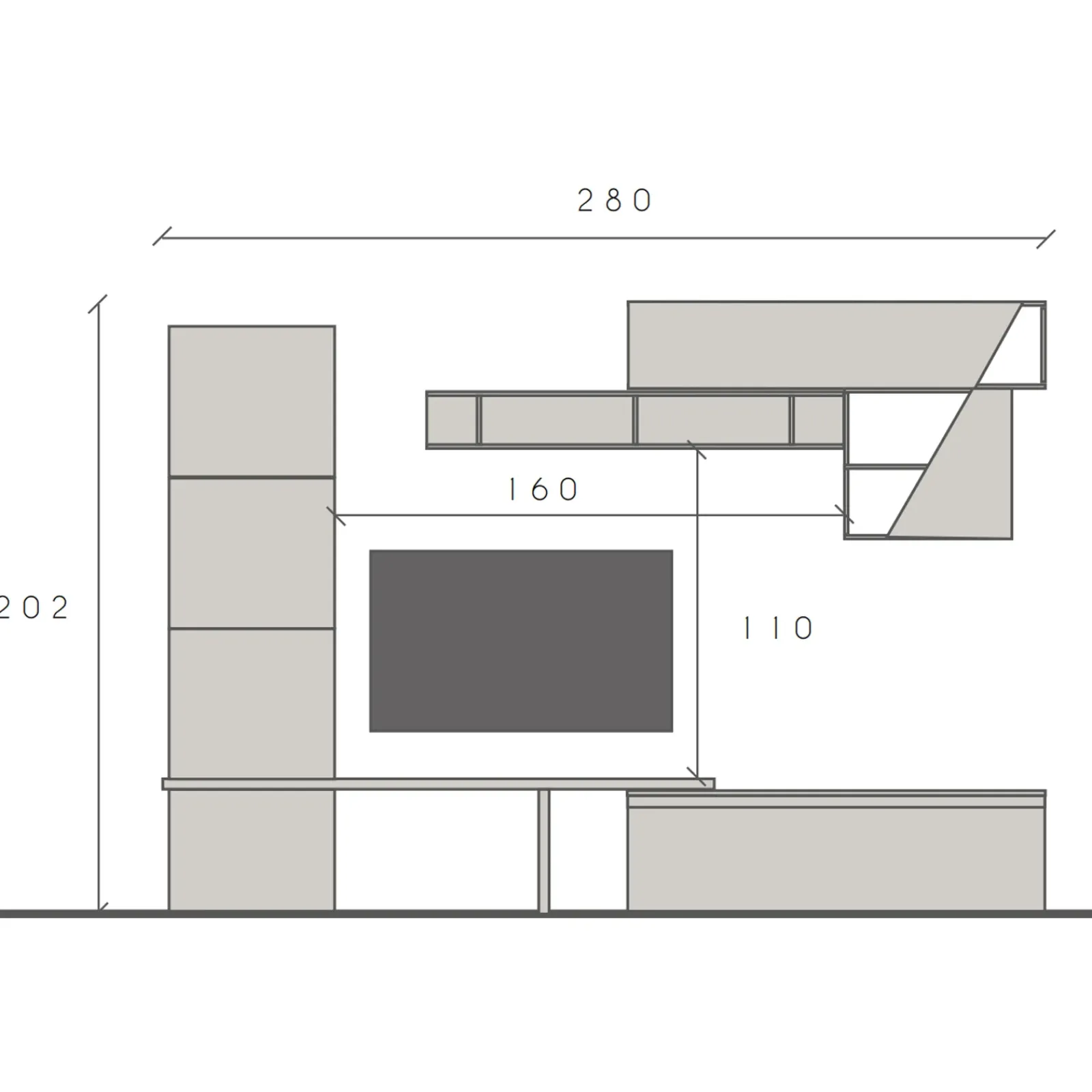 Garnero Arredamenti Parete Attrezzata A Terra|Pareti Attrezzate-Parete attrezzata 280x202h cm moderna beige marrone rovere chiaro Sunset 68