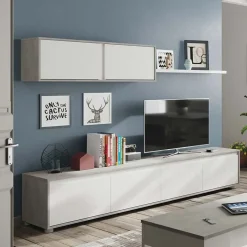 Garnero Arredamenti Parete Attrezzata A Terra|Pareti Attrezzate-Parete attrezzata 200x145h cm moderna soggiorno bianco cemento Itaca Cemento - Bianco opaco