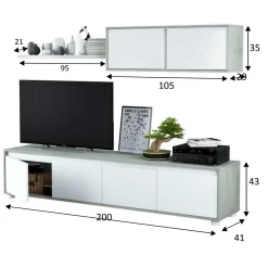 Garnero Arredamenti Parete Attrezzata A Terra|Pareti Attrezzate-Parete attrezzata 200x145h cm moderna soggiorno bianco cemento Itaca Cemento - Bianco opaco