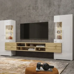 Garnero Arredamenti Parete Attrezzata A Terra|Pareti Attrezzate-Parete attrezzata 270x143h cm moderna bianco rovere Maserati Rovere - Bianco Lucido