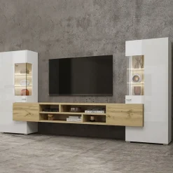 Garnero Arredamenti Parete Attrezzata A Terra|Pareti Attrezzate-Parete attrezzata 270x143h cm moderna bianco rovere Maserati Rovere - Bianco Lucido