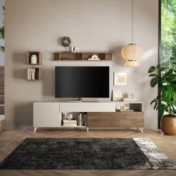 Garnero Arredamenti Parete Attrezzata A Terra|Pareti Attrezzate-Parete attrezzata 241x176h cm moderna beige rovere scuro Witty Noce - Beige