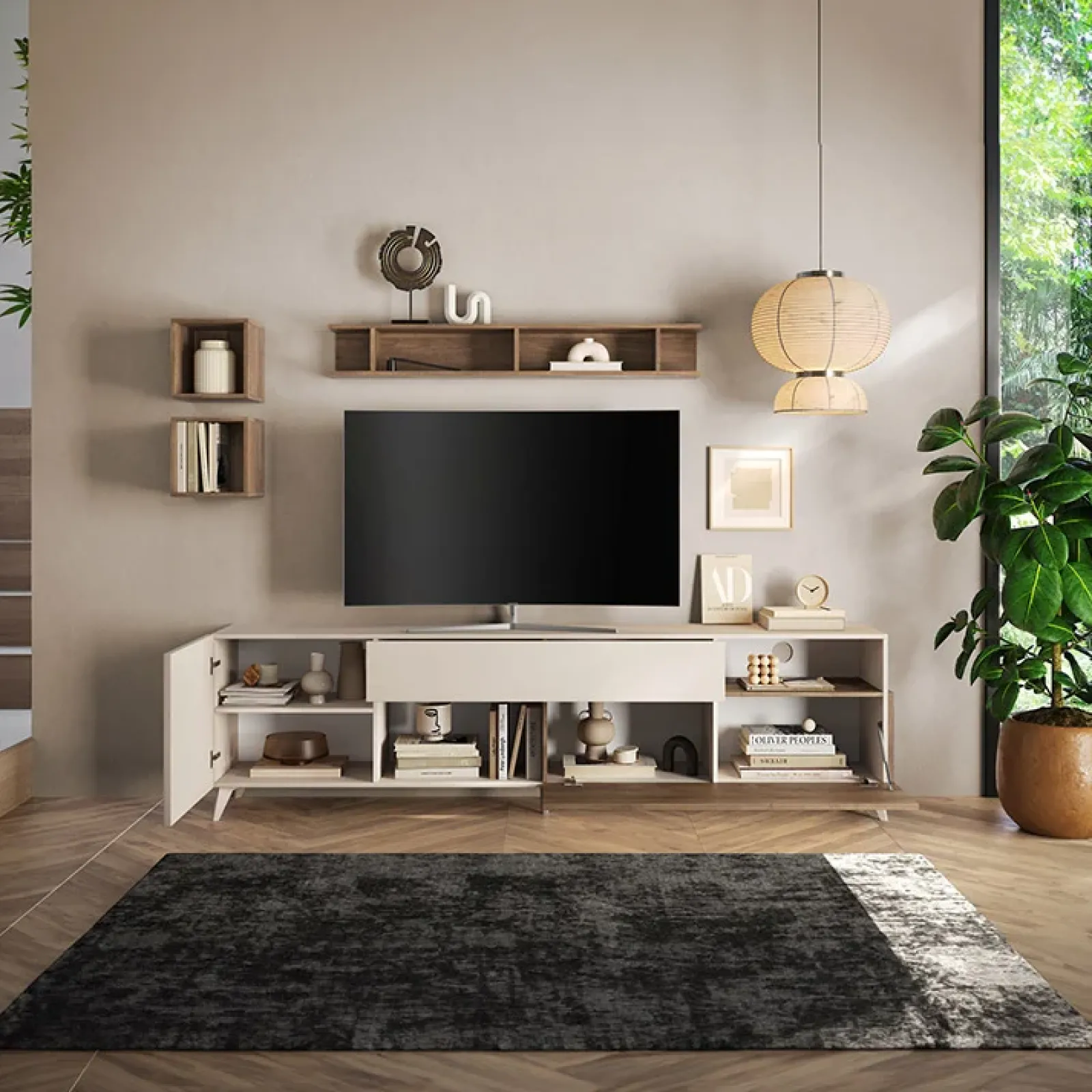 Garnero Arredamenti Parete Attrezzata A Terra|Pareti Attrezzate-Parete attrezzata 241x176h cm moderna beige rovere scuro Witty Noce - Beige