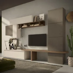 Garnero Arredamenti Parete Attrezzata A Terra|Pareti Attrezzate-Parete attrezzata 295x195h cm moderna beige marrone rovere scuro Sunset 64