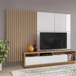 Garnero Arredamenti Parete Attrezzata A Terra|Pareti Attrezzate-Parete attrezzata 251x196h cm moderna bianco lucido rovere Favorita Rovere - Bianco Lucido