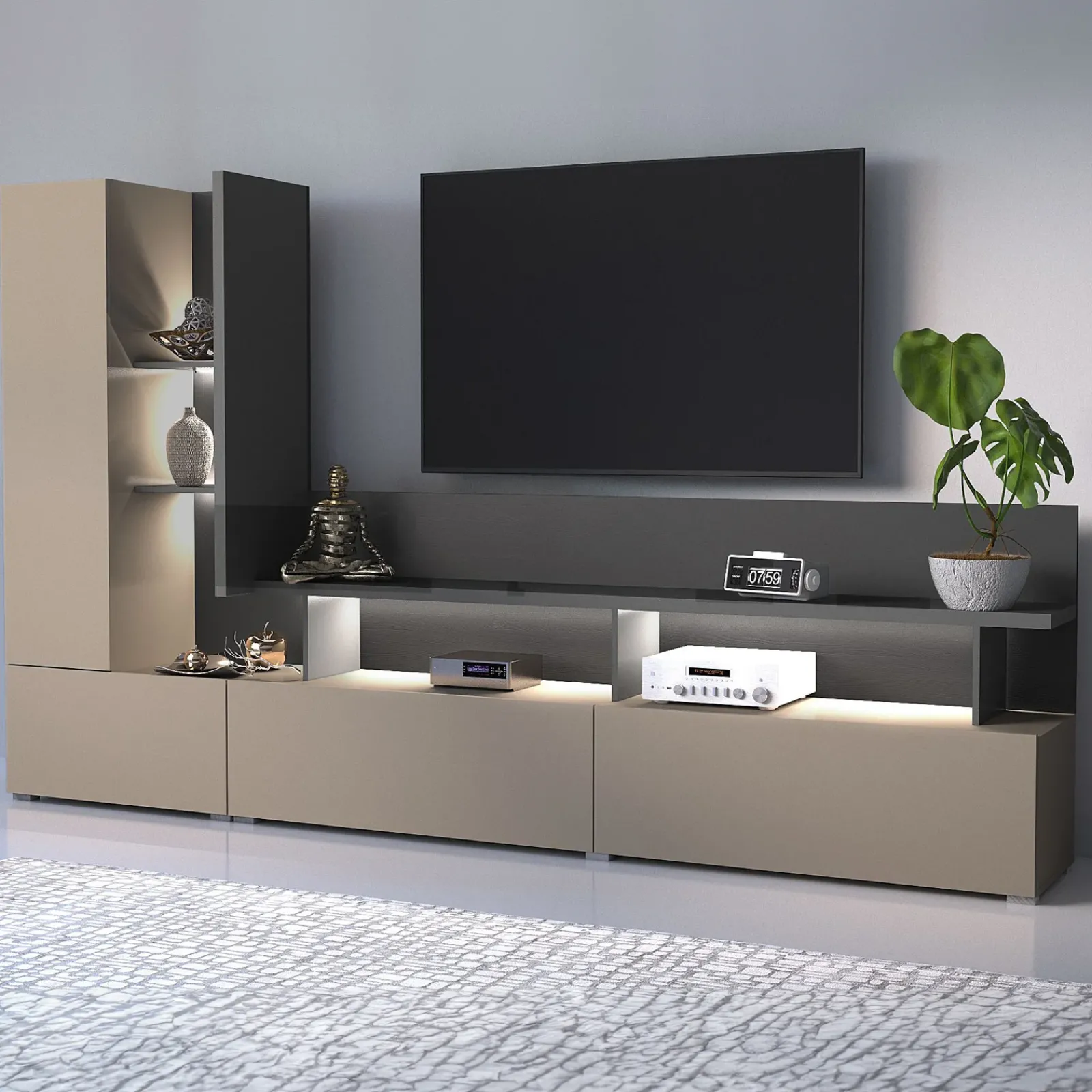 Garnero Arredamenti Parete Attrezzata A Terra|Pareti Attrezzate-Parete attrezzata 270x162h cm moderna beige grigio Matt