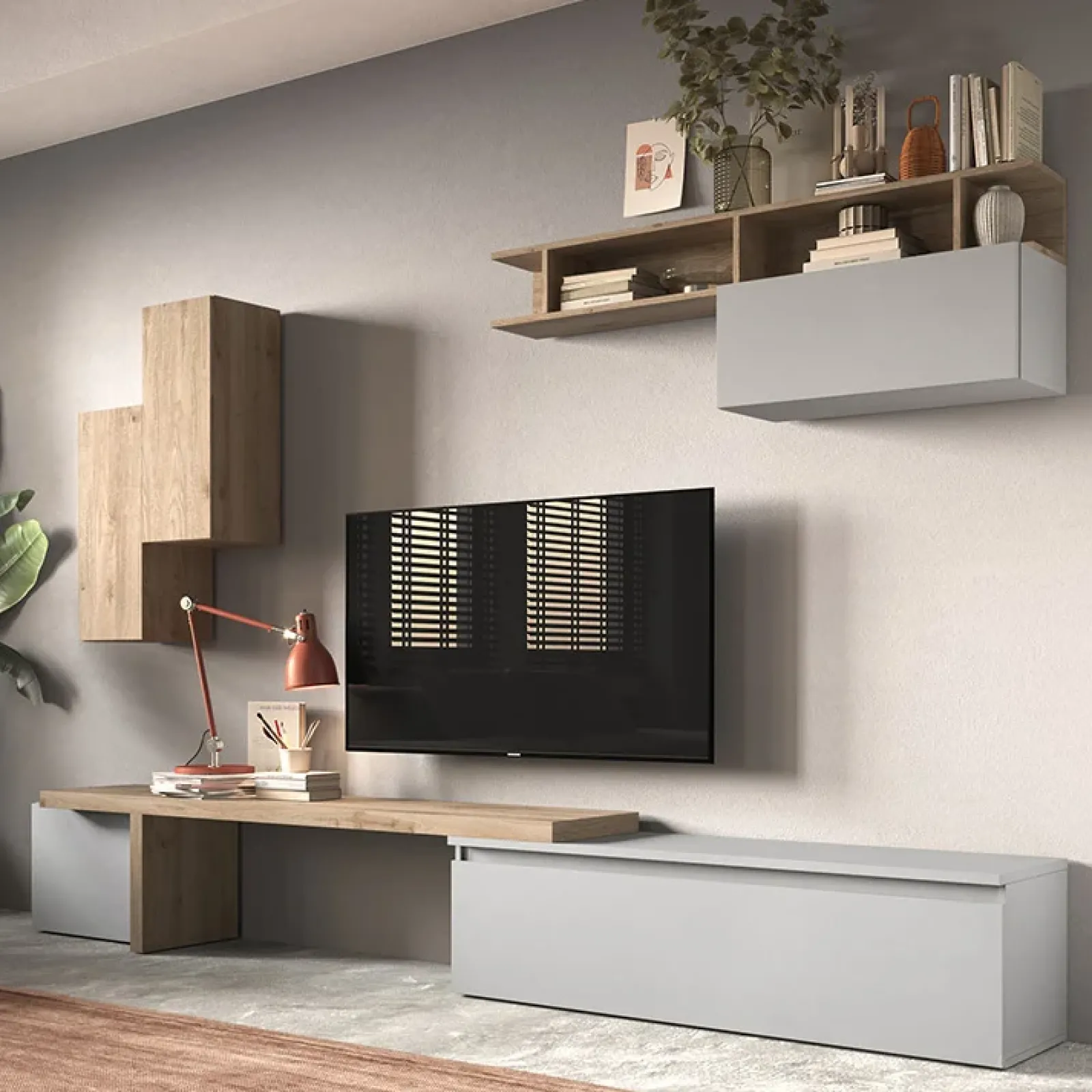 Garnero Arredamenti Parete Attrezzata A Terra|Pareti Attrezzate-Parete attrezzata 330x200h cm moderna rovere grigio chiaro Sunset 33 Grigio - Rovere