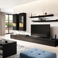 Garnero Arredamenti Parete Attrezzata A Terra|Pareti Attrezzate-Parete attrezzata 270x176h cm moderna nero Emotion Gihome® Nero Lucido