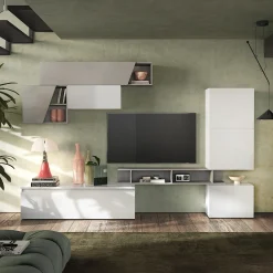 Garnero Arredamenti Parete Attrezzata A Terra|Pareti Attrezzate-Parete attrezzata 310x210h cm moderna bianco lucido grigio chiaro Sunset 92