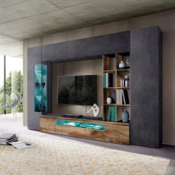 Garnero Arredamenti Parete Attrezzata A Terra|Pareti Attrezzate-Parete attrezzata 290x192h cm moderna grigio ardesia acero pereira Zenith Grigio - Noce