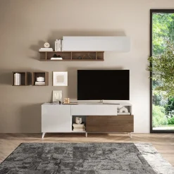 Garnero Arredamenti Parete Attrezzata A Terra|Pareti Attrezzate-Parete attrezzata 181x205h cm moderna bianco lucido rovere scuro Witty Noce - Bianco Lucido