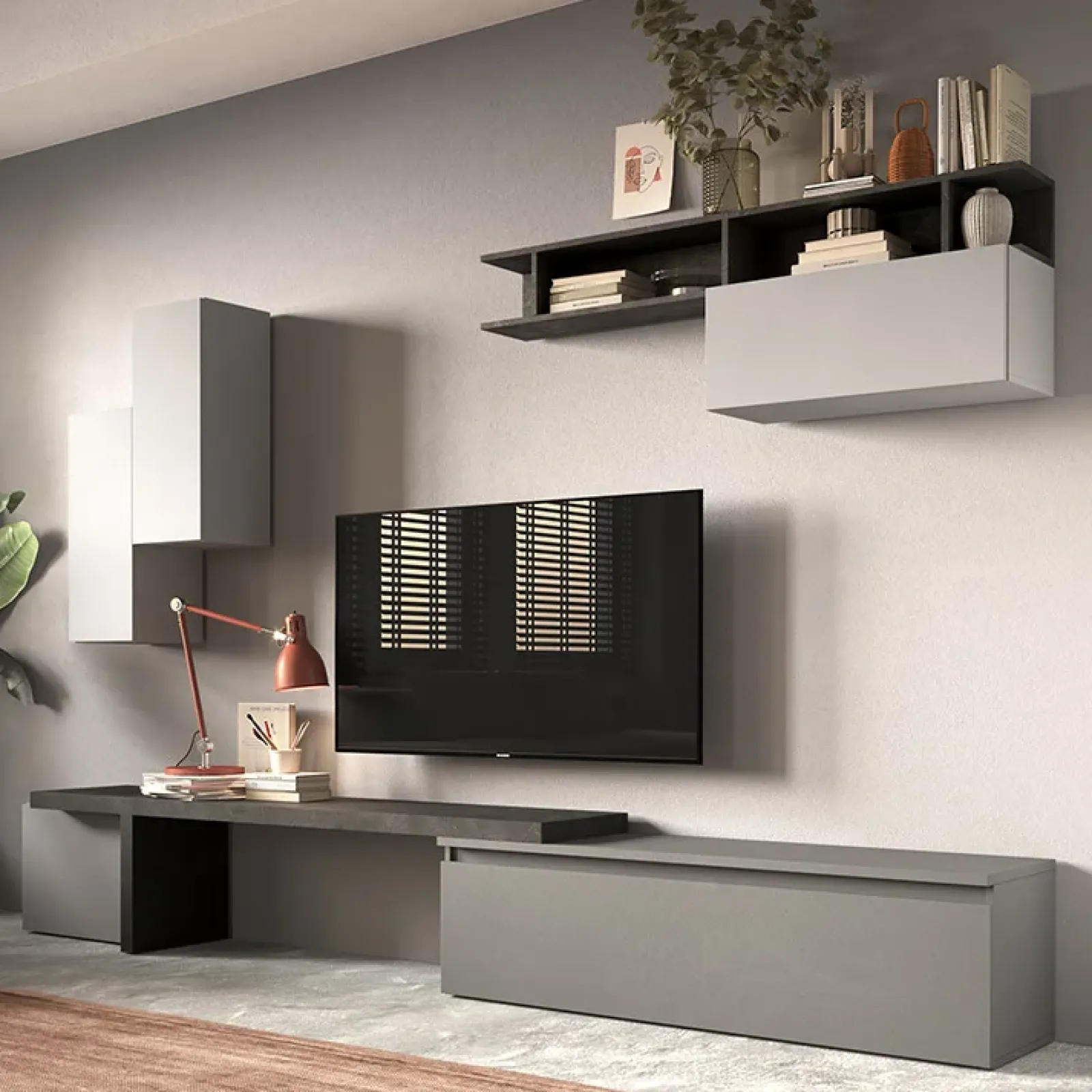 Garnero Arredamenti Parete Attrezzata A Terra|Pareti Attrezzate-Parete attrezzata 330x200h cm moderna grigio antracite Sunset 33 Antracite - Grigio