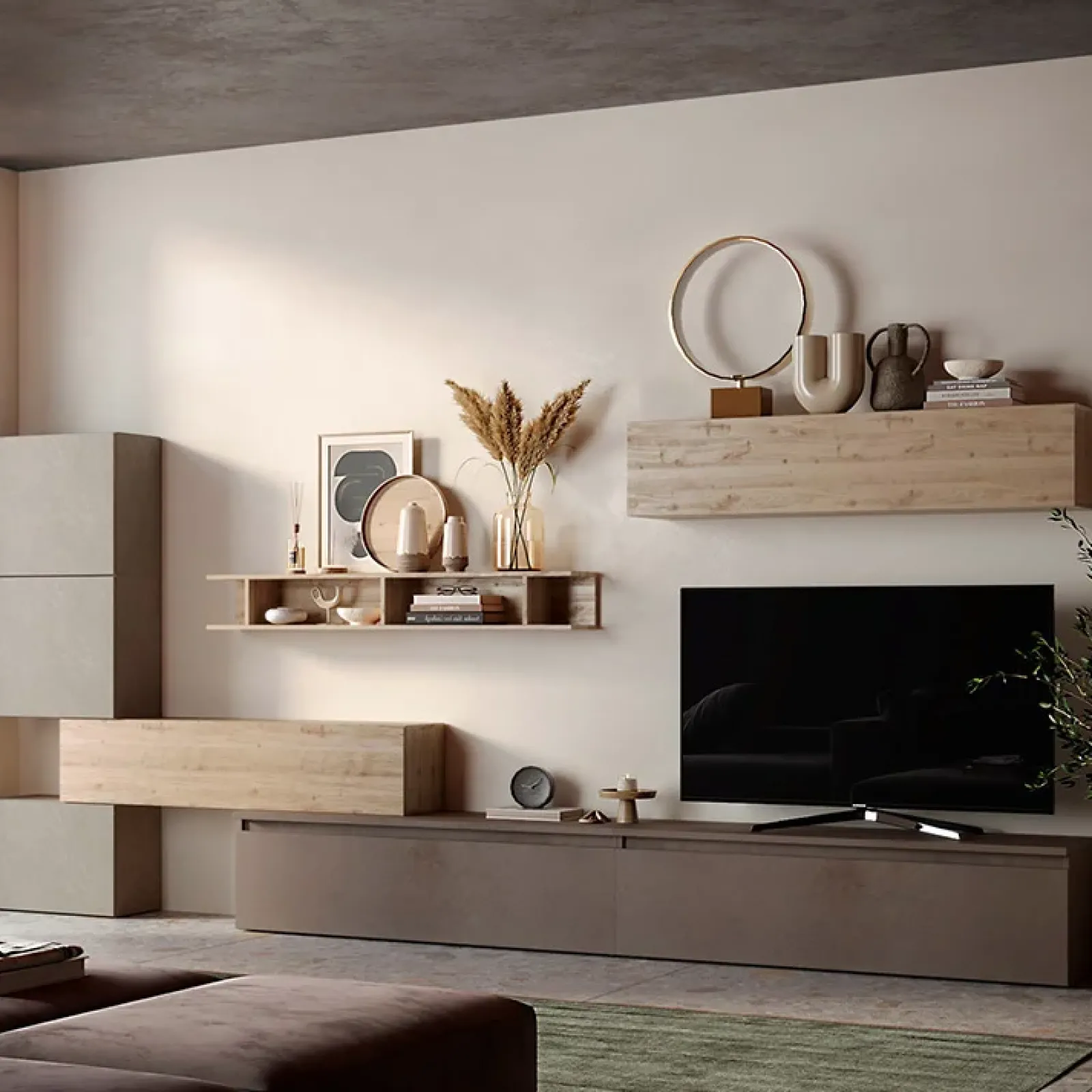 Garnero Arredamenti Parete Attrezzata A Terra|Pareti Attrezzate-Parete attrezzata 375x170h cm moderna rovere tortora marrone Sunset 37