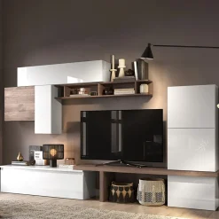 Garnero Arredamenti Parete Attrezzata A Terra|Pareti Attrezzate-Parete attrezzata 300x195h cm moderna rovere scuro bianco lucido Sunset 46 Bianco Lucido - Rovere