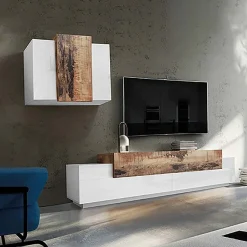 Garnero Arredamenti Parete Attrezzata A Terra|Pareti Attrezzate-Parete attrezzata 240x180h cm moderna bianco pero Milos Gihome® Bianco Lucido - Rovere Rustico