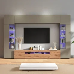 Garnero Arredamenti Parete Attrezzata A Terra|Pareti Attrezzate-Parete attrezzata 290x190h cm moderna 2 vetrine tortora rovere Zenith 2