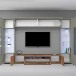 Garnero Arredamenti Parete Attrezzata A Terra|Pareti Attrezzate-Parete attrezzata 290x190h cm moderna 2 vetrine tortora rovere Zenith 2