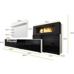 Garnero Arredamenti Camino Bioetanolo|Parete Attrezzata Con Camino-Parete attrezzata 288x170h cm nera camino bioetanolo Olympo Nero Lucido - Bianco opaco