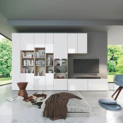 Garnero Arredamenti Parete Attrezzata A Terra|Pareti Attrezzate-Parete attrezzata 340x205h cm rovere bianco lucido con led Shanti