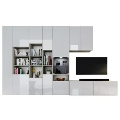 Garnero Arredamenti Parete Attrezzata A Terra|Pareti Attrezzate-Parete attrezzata 340x205h cm rovere bianco lucido con led Shanti