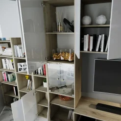 Garnero Arredamenti Parete Attrezzata A Terra|Pareti Attrezzate-Parete attrezzata 340x205h cm rovere bianco lucido con led Shanti