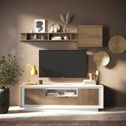 Garnero Arredamenti Parete Attrezzata A Terra|Pareti Attrezzate-Parete attrezzata 180x200h cm rovere scuro Deluxe Rovere Rustico - Bianco opaco