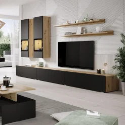 Garnero Arredamenti Parete Attrezzata A Terra|Pareti Attrezzate-Parete attrezzata 270x176h cm rovere chiaro nero Emotion Gihome® Rovere - Nero opaco