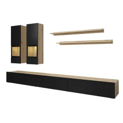 Garnero Arredamenti Parete Attrezzata A Terra|Pareti Attrezzate-Parete attrezzata 270x176h cm rovere chiaro nero Emotion Gihome® Rovere - Nero opaco