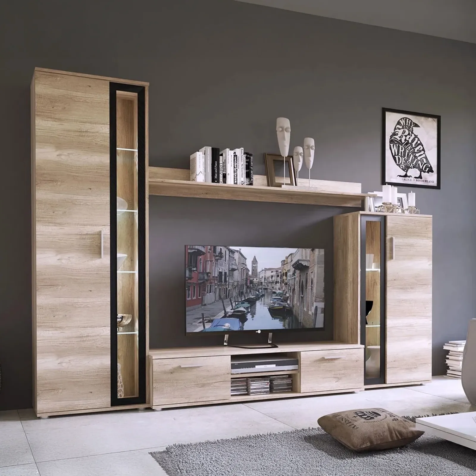 Garnero Arredamenti Parete Attrezzata A Terra|Pareti Attrezzate-Parete attrezzata 256x182h cm country grigio nero Newcastle Rovere