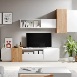 Garnero Arredamenti Parete Attrezzata A Terra|Pareti Attrezzate-Parete attrezzata 300x183h cm soggiorno bianco opaco quercia James