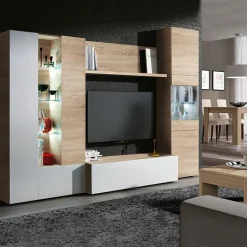 Garnero Arredamenti Parete Attrezzata A Terra|Pareti Attrezzate-Parete attrezzata 260x185h cm soggiorno rovere bianco lucido Gary