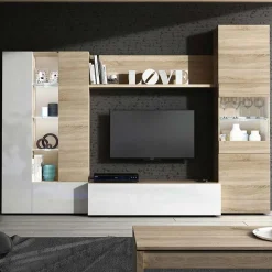 Garnero Arredamenti Parete Attrezzata A Terra|Pareti Attrezzate-Parete attrezzata 260x185h cm soggiorno rovere bianco lucido Gary