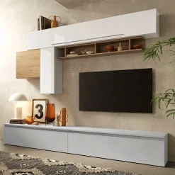 Garnero Arredamenti Parete Attrezzata A Terra|Pareti Attrezzate-Parete attrezzata 276x190h cm soggiorno bianco rovere grigio chiaro Sunset 17 Grigio chiaro - Bianco Lucido