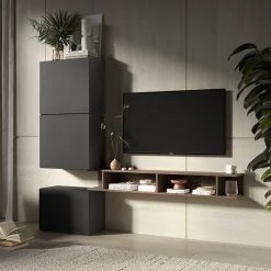 Garnero Arredamenti Parete Attrezzata Sospesa|Pareti Attrezzate-Parete attrezzata 180x160h cm soggiorno ossido nero rovere scuro Sunset 51 Noce - Ossido