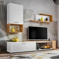 Garnero Arredamenti Parete Attrezzata A Terra|Pareti Attrezzate-Parete attrezzata 200x180h cm soggiorno bianco opaco rovere Caravaggio 2 Bianco Opaco - Rovere Rustico