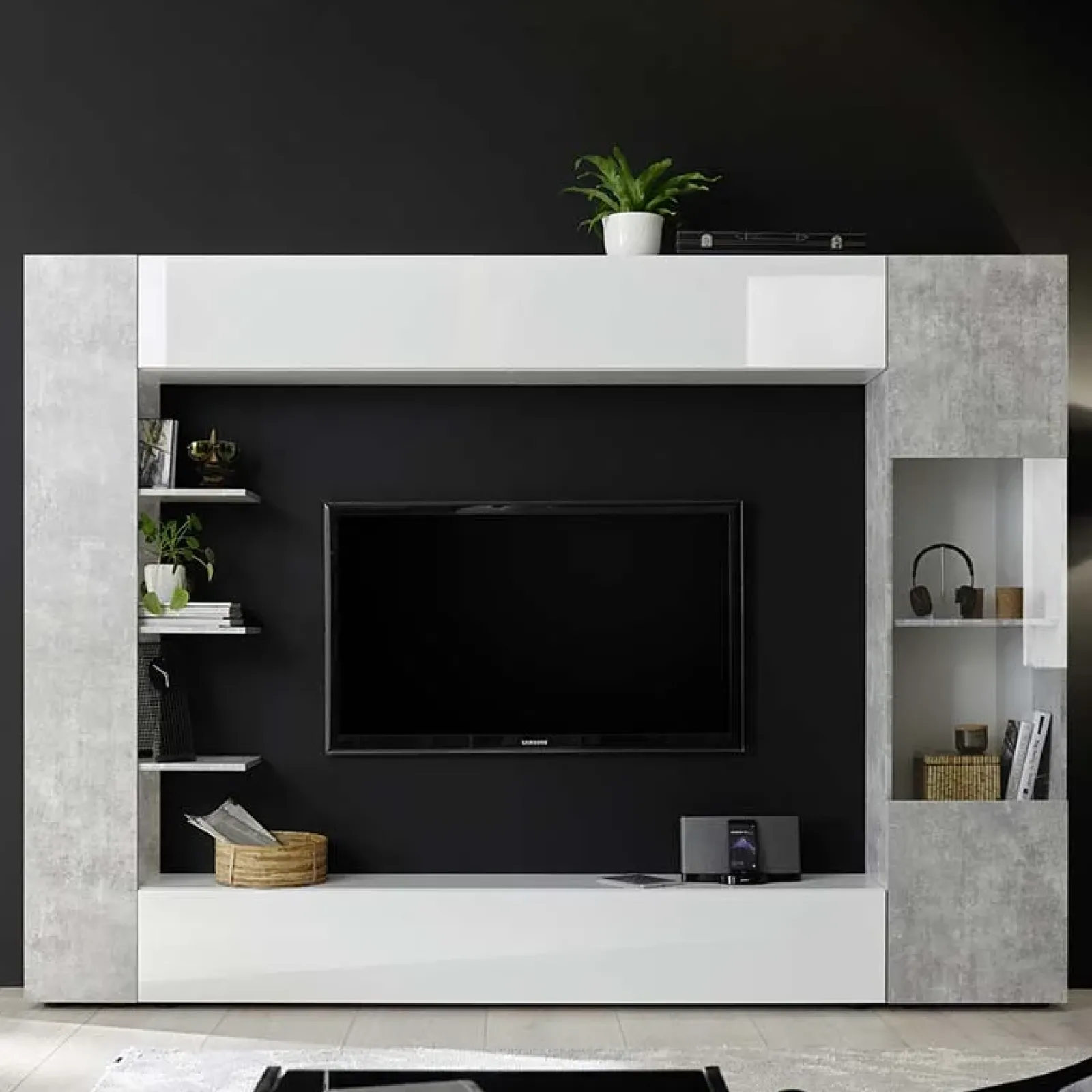 Garnero Arredamenti Parete Attrezzata A Terra|Pareti Attrezzate-Parete attrezzata 257x187h cm soggiorno bianco lucido cemento Steppi 3